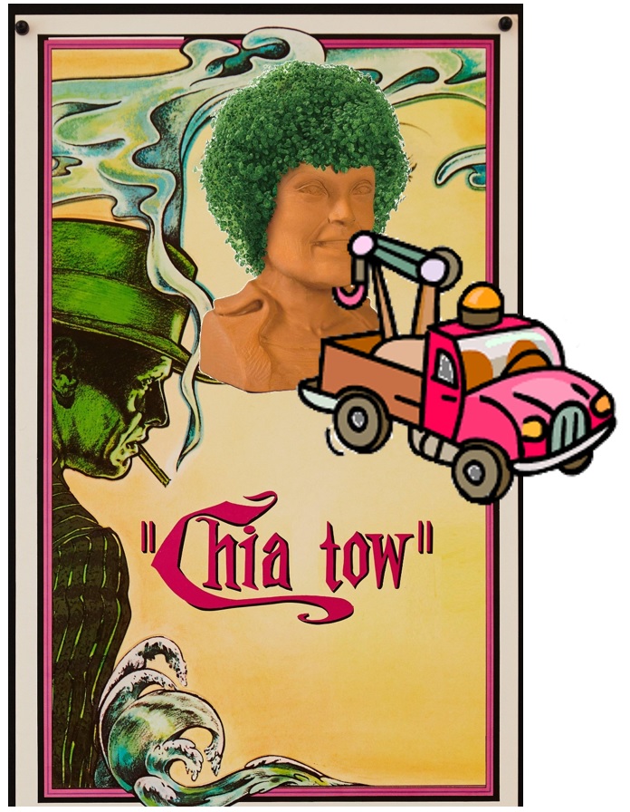 A Chinatown movie poster with a Chia doll being towed by a tow truck, instead of Faye Dunaway. Chia Tow.