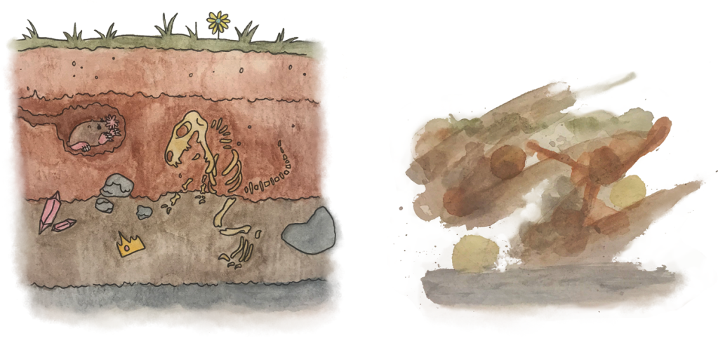 A cross-section of some dirt with grass on top and a mole digging, representing "underground," and then the colors are mashed up into gibberish in the next picture.