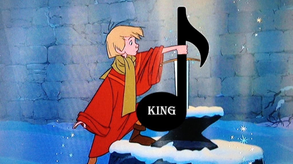 Young Arthur pulling a music note out of an anvil with the word "King" on the music note. The Word in the Tone.